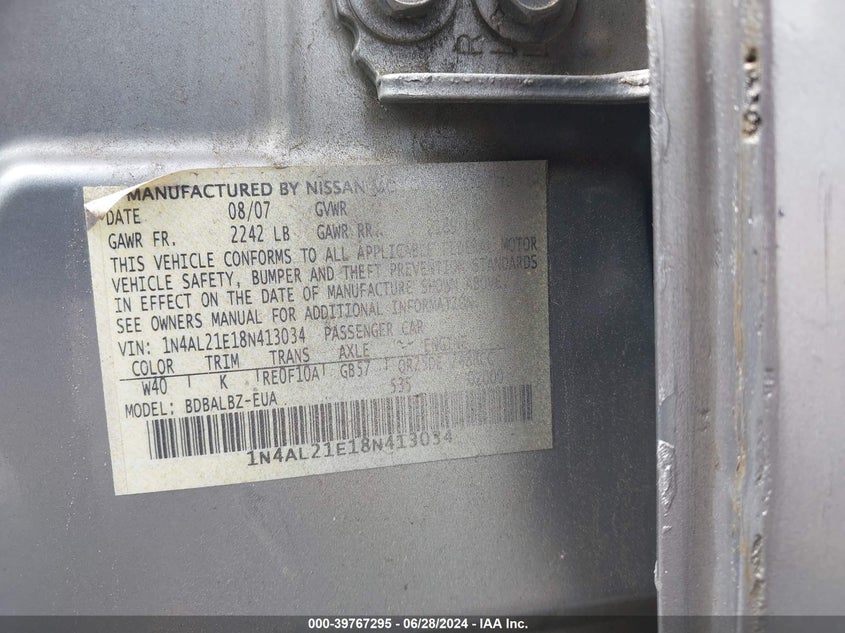 2008 Nissan Altima 2.5 S VIN: 1N4AL21E18N413034 Lot: 39767295