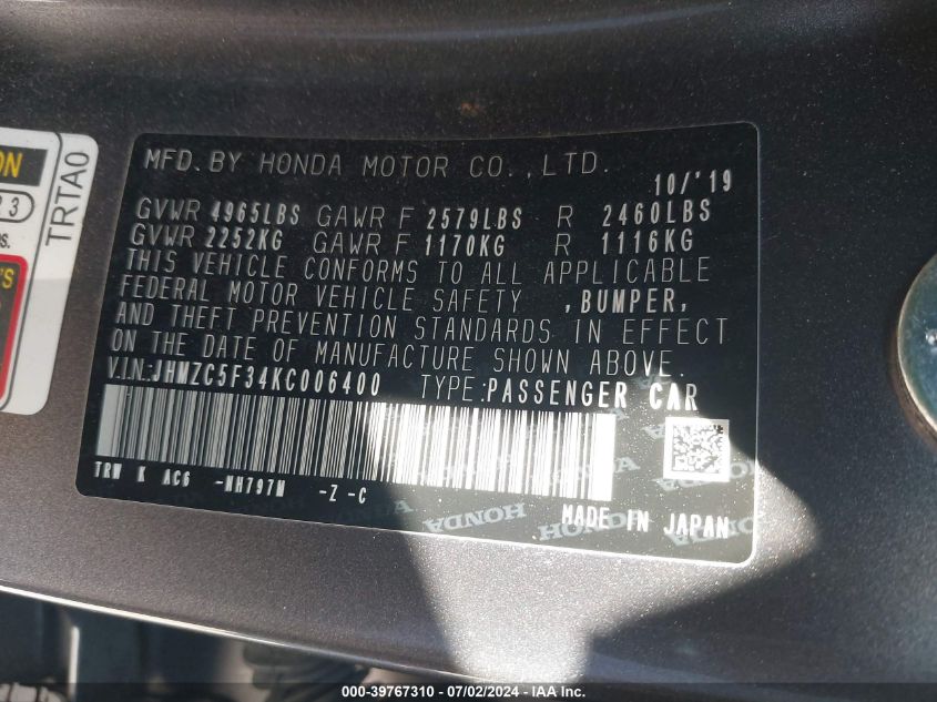 2019 Honda Clarity Plug-In Hybrid Touring VIN: JHMZC5F34KC006400 Lot: 39767310