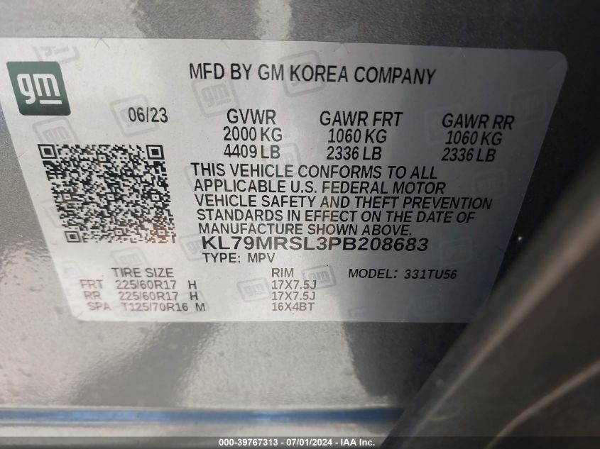 2023 Chevrolet Trailblazer Awd Lt VIN: KL79MRSL3PB208683 Lot: 39767313