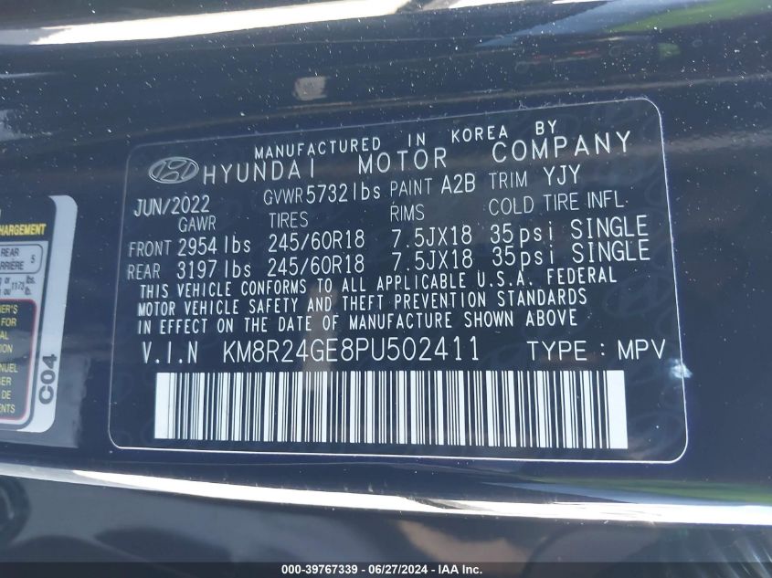 2023 Hyundai Palisade Sel VIN: KM8R24GE8PU502411 Lot: 39767339