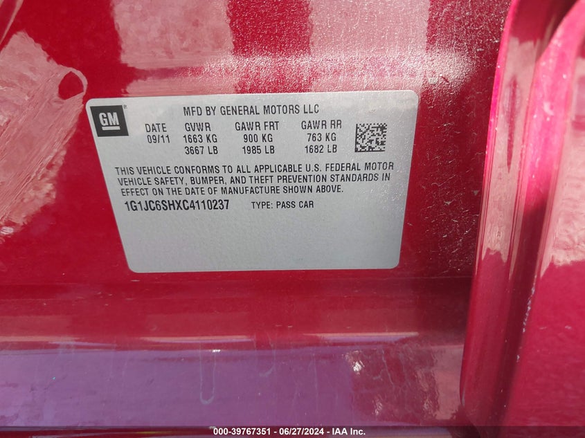 2012 Chevrolet Sonic 2Lt VIN: 1G1JC6SHXC4110237 Lot: 39767351