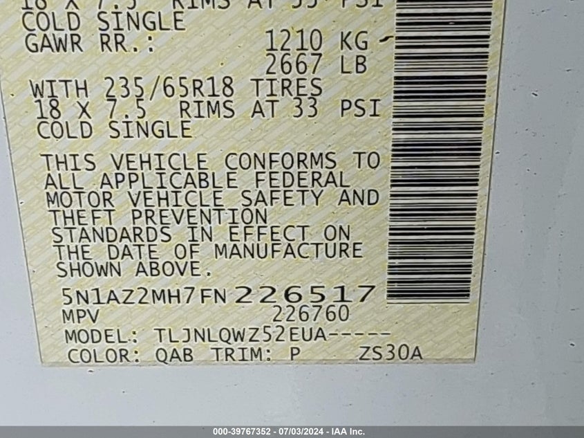 2015 Nissan Murano Sv VIN: 5N1AZ2MH7FN226517 Lot: 39767352