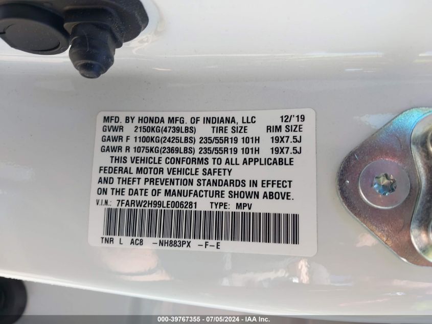 2020 Honda Cr-V Awd Touring VIN: 7FARW2H99LE006281 Lot: 39767355