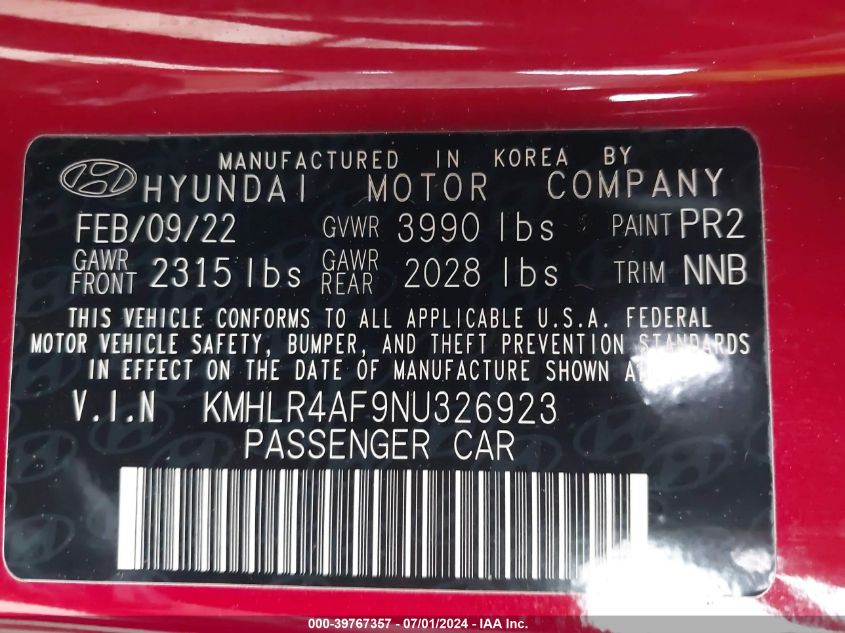 2022 Hyundai Elantra N Line VIN: KMHLR4AF9NU326923 Lot: 39767357