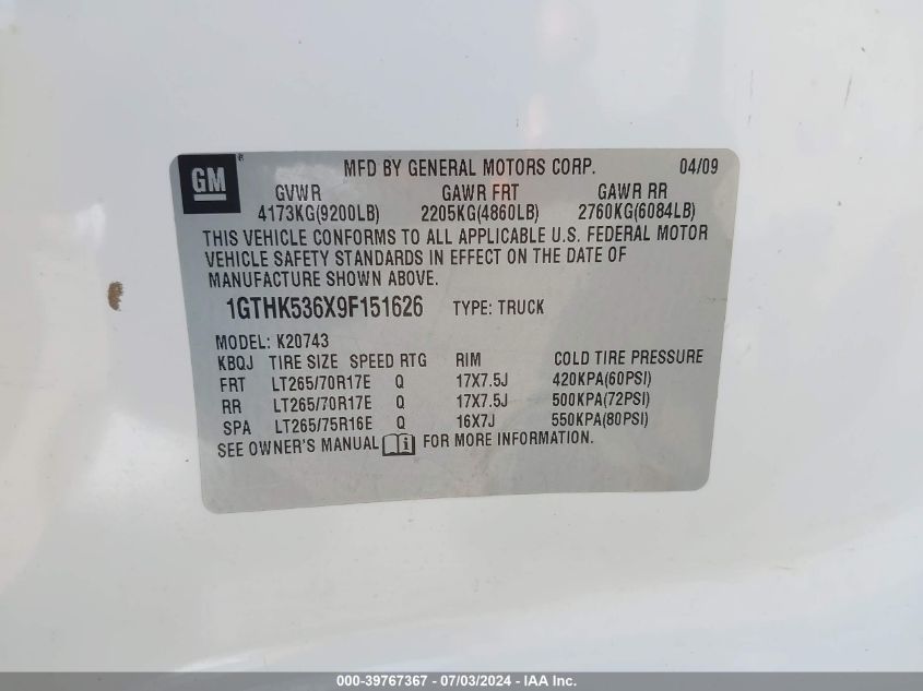 2009 GMC Sierra 2500Hd Sle VIN: 1GTHK536X9F151626 Lot: 39767367