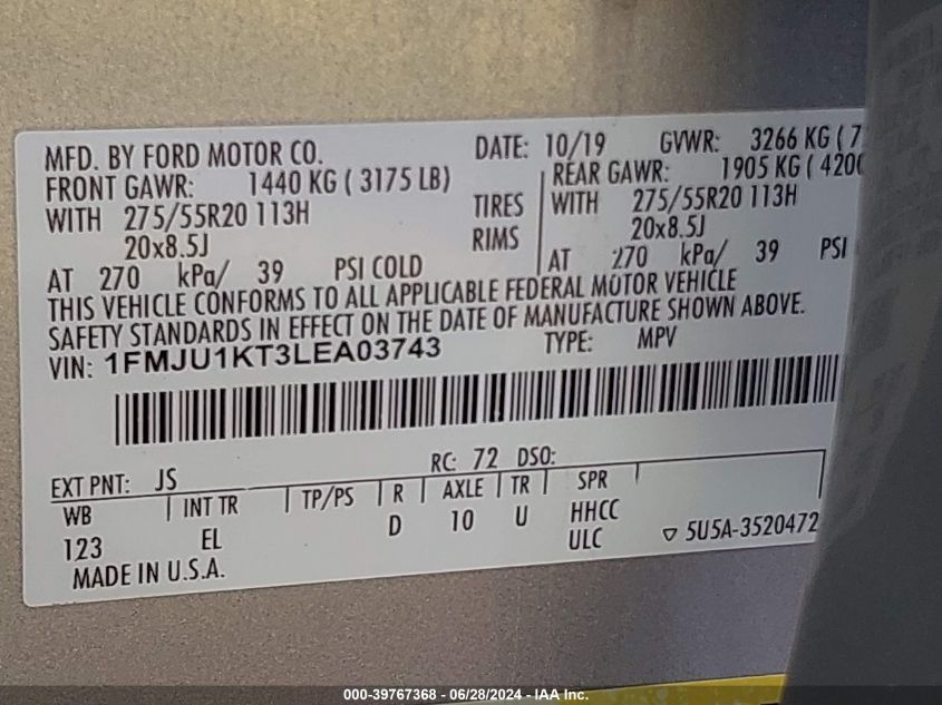 2020 Ford Expedition Limited VIN: 1FMJU1KT3LEA03743 Lot: 39767368