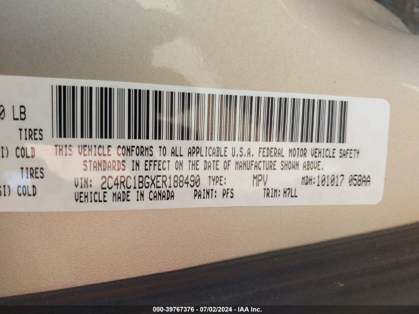2014 Chrysler Town & Country Touring VIN: 2C4RC1BGXER188490 Lot: 39767376