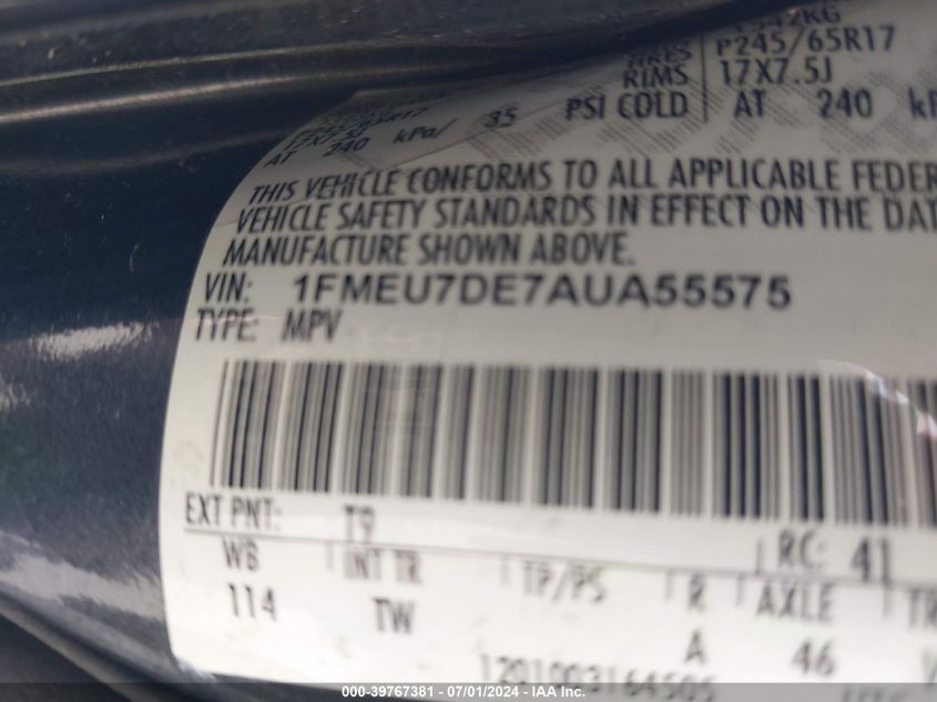 2010 Ford Explorer Xlt VIN: 1FMEU7DE7AUA55575 Lot: 39767381