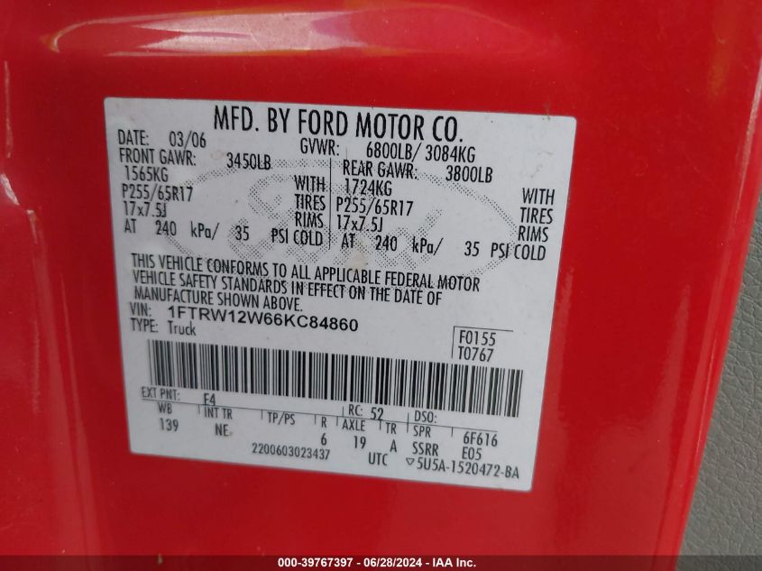 2006 Ford F150 Supercrew VIN: 1FTRW12W66KC84860 Lot: 39767397