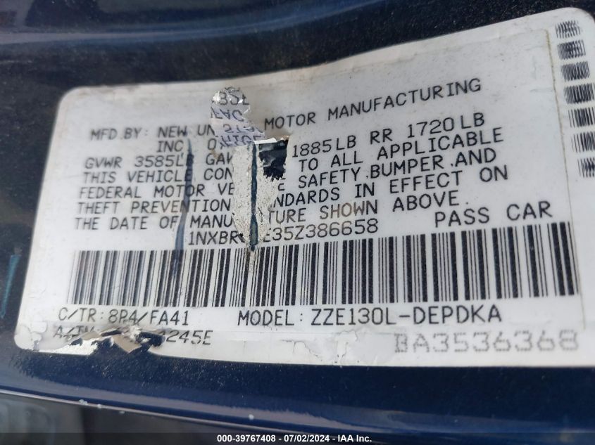 2005 Toyota Corolla Ce VIN: 1NXBR32E35Z386658 Lot: 39767408