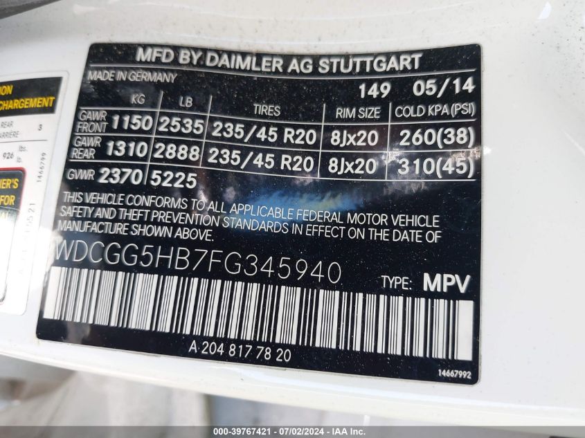 2015 Mercedes-Benz Glk 350 VIN: WDCGG5HB7FG345940 Lot: 39767421