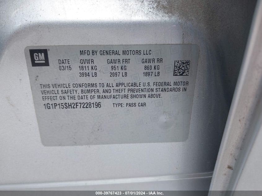 2015 Chevrolet Cruze L Manual VIN: 1G1P15SH2F7228196 Lot: 39767423