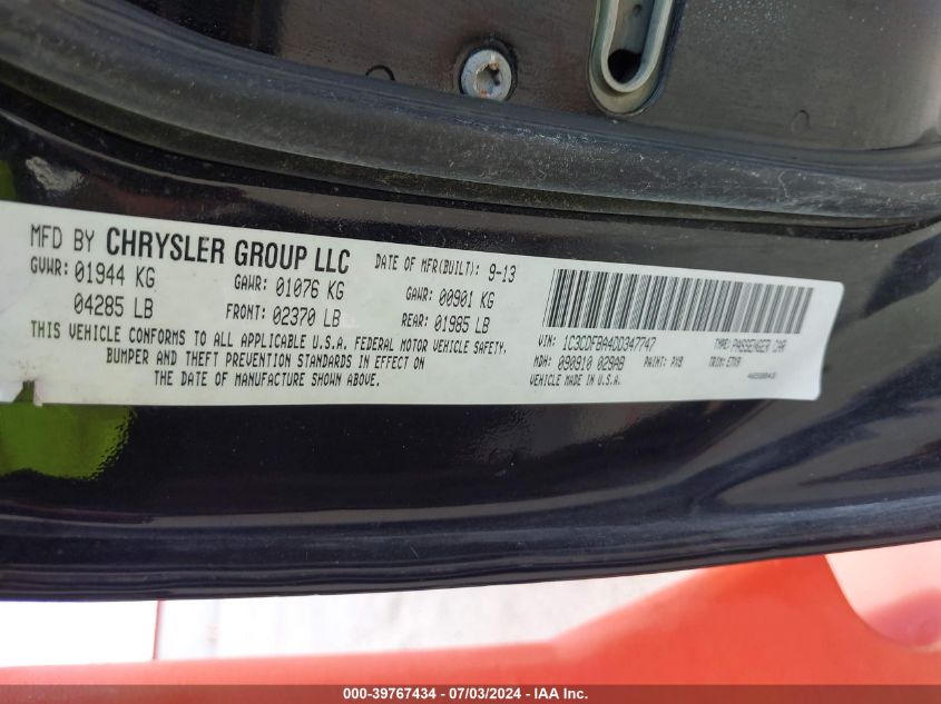 2013 Dodge Dart Sxt VIN: 1C3CDFBA4DD347747 Lot: 39767434