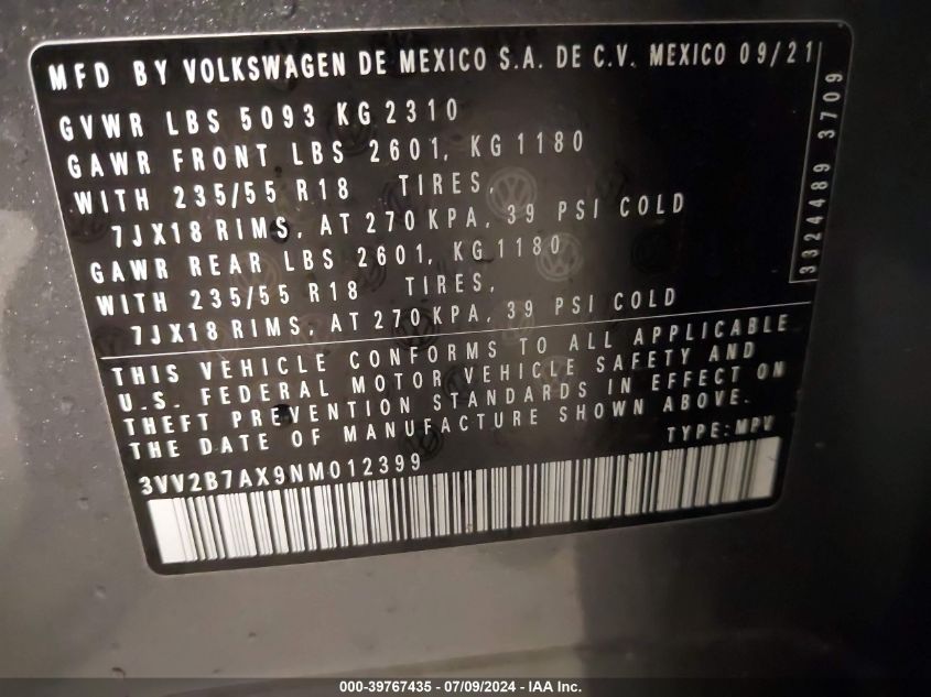 2022 Volkswagen Tiguan 2.0T Se VIN: 3VV2B7AX9NM012399 Lot: 39767435