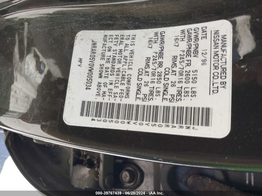 1997 Infiniti Qx4 VIN: JNRAR05Y0VW005034 Lot: 39767439