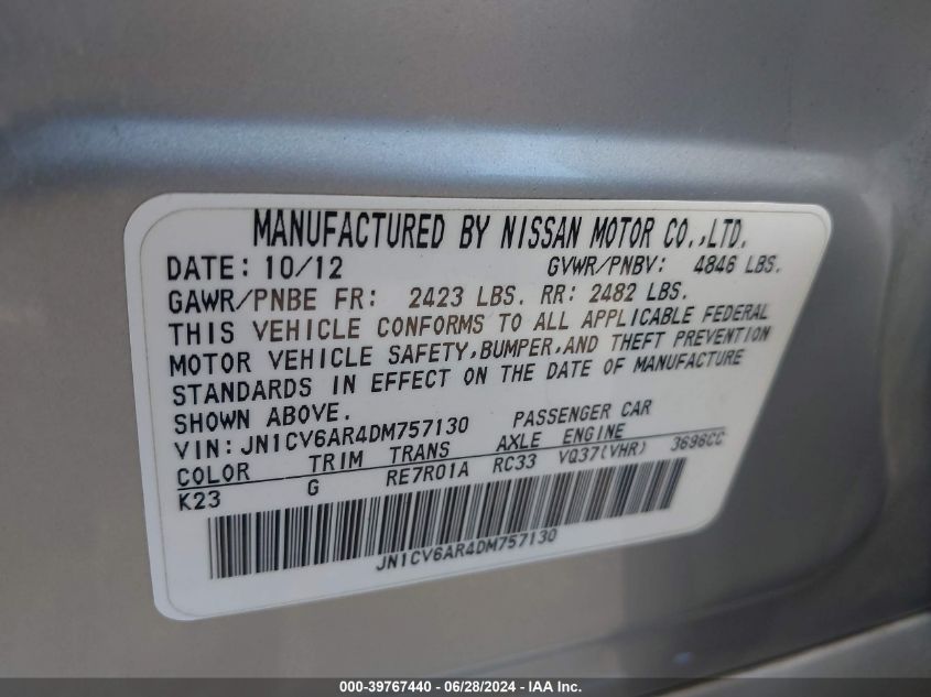 2013 Infiniti G37X VIN: JN1CV6AR4DM757130 Lot: 39767440