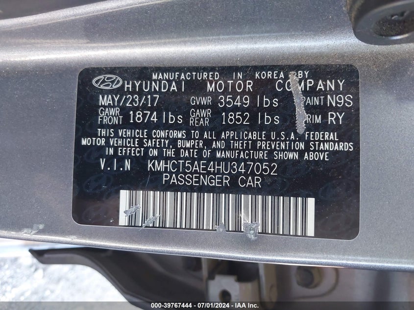 2017 Hyundai Accent Se VIN: KMHCT5AE4HU347052 Lot: 39767444