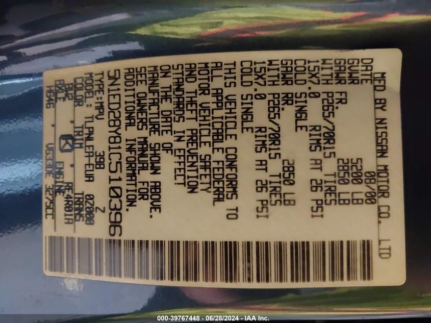 2001 Nissan Xterra Xe VIN: 5N1ED28Y81C510396 Lot: 39767448