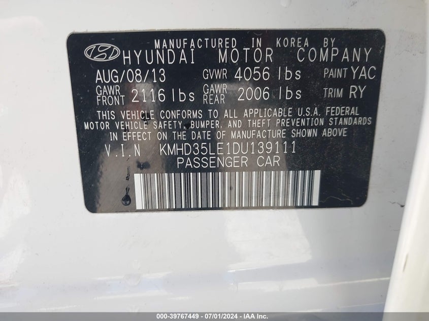 2013 Hyundai Elantra Gt VIN: KMHD35LE1DU139111 Lot: 39767449