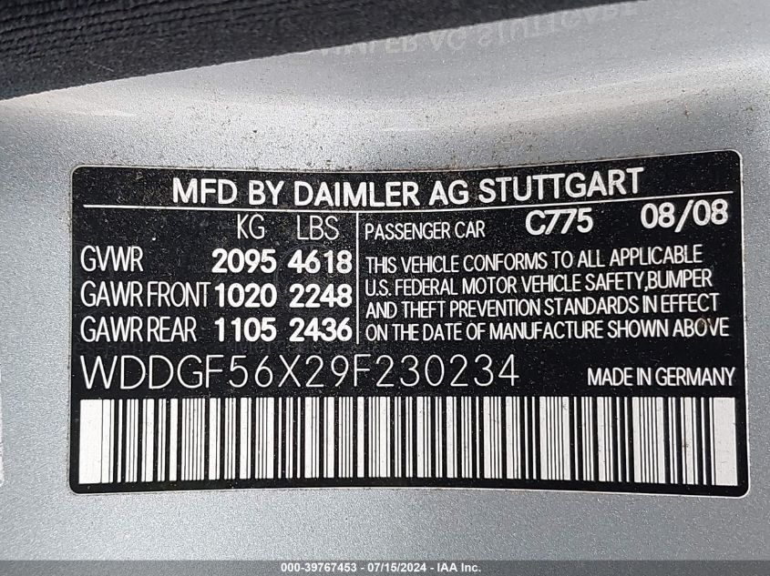 2009 Mercedes-Benz C 350 Sport VIN: WDDGF56X29F230234 Lot: 39767453