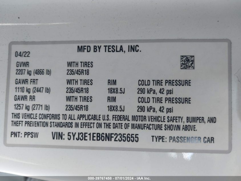 2022 Tesla Model 3 Long Range Dual Motor All-Wheel Drive VIN: 5YJ3E1EB6NF235655 Lot: 39767458