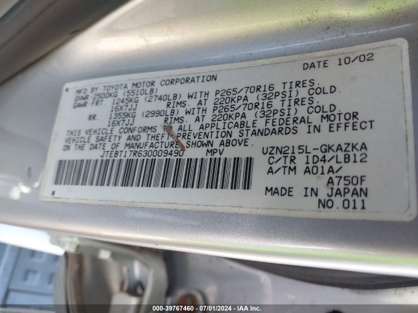 2003 Toyota 4Runner Limited V8 VIN: JTEBT17R630009490 Lot: 39767460