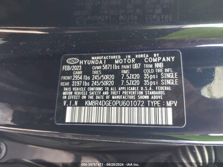 2023 Hyundai Palisade Sel VIN: KM8R4DGE0PU601072 Lot: 39767471