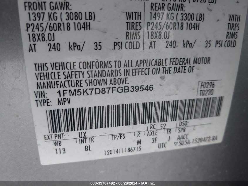 2015 Ford Explorer Xlt VIN: 1FM5K7D87FGB39546 Lot: 39767482