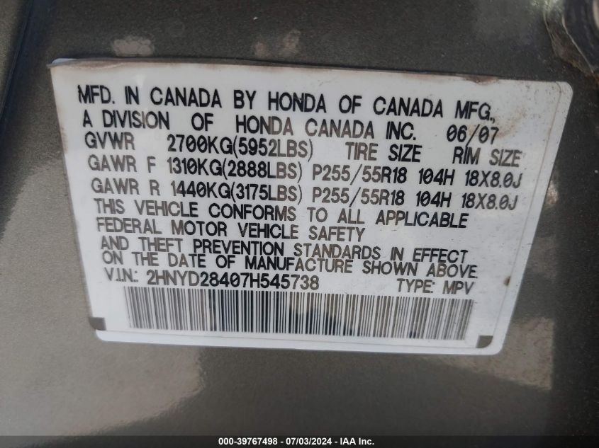 2007 Acura Mdx Technology VIN: 2HNYD28407H545738 Lot: 39767498