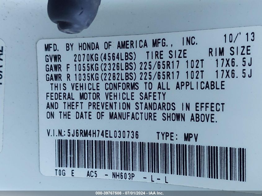 2014 Honda Cr-V Ex-L VIN: 5J6RM4H74EL030736 Lot: 39767508
