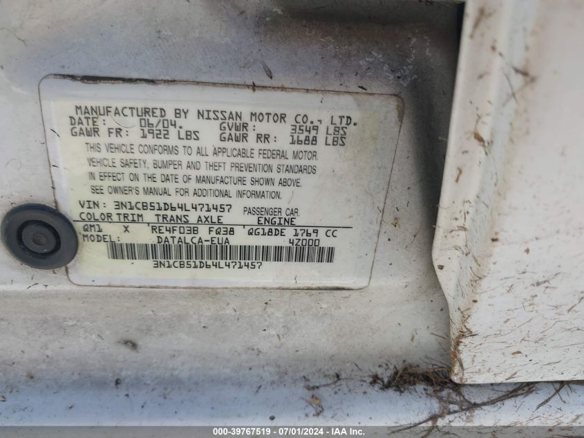 2004 Nissan Sentra 1.8 VIN: 3N1CB51D64L471457 Lot: 39767519