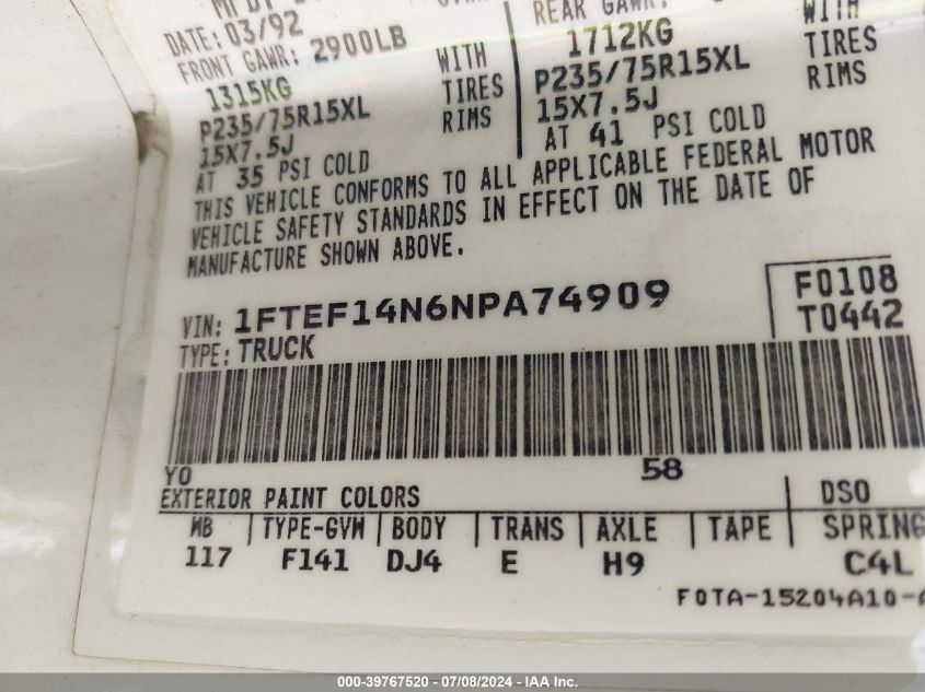 1992 Ford F150 VIN: 1FTEF14N6NPA74909 Lot: 39767520