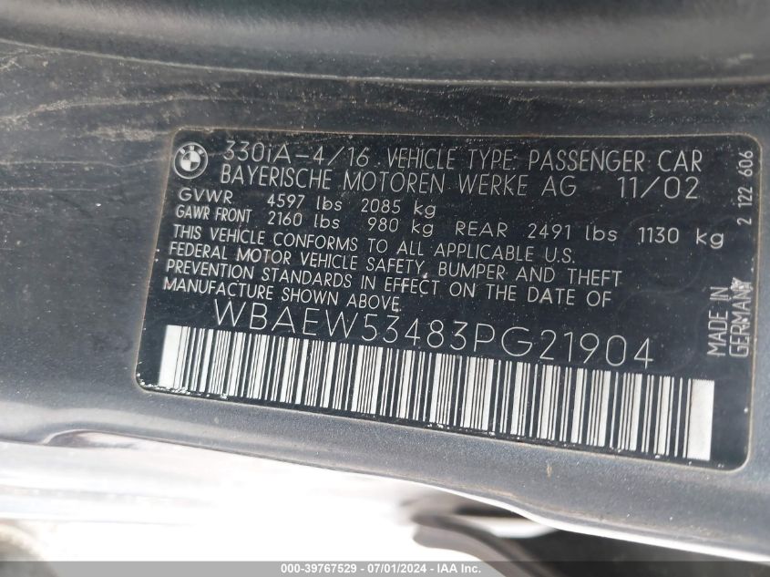 2003 BMW 330Xi VIN: WBAEW53483PG21904 Lot: 39767529