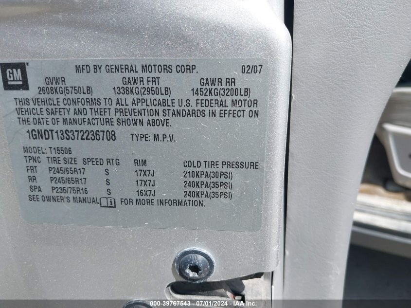2007 Chevrolet Trailblazer Ls VIN: 1GNDT13S372236708 Lot: 39767543