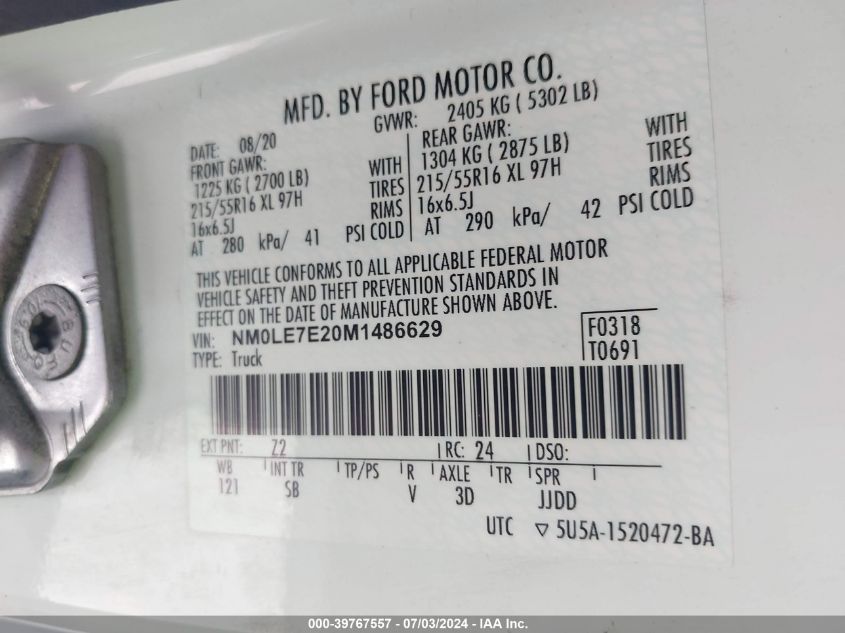 2021 Ford Transit Connect Xl VIN: NM0LE7E20M1486629 Lot: 39767557