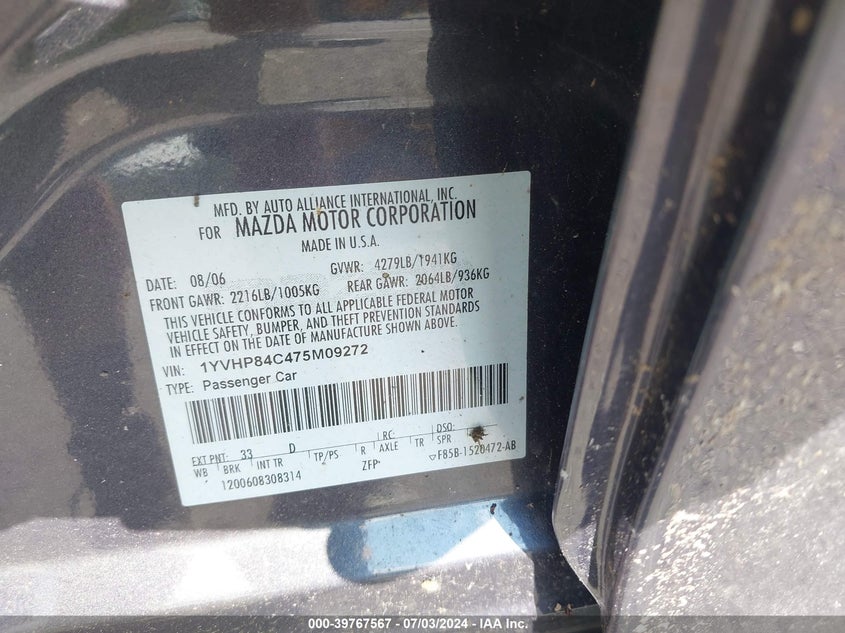 2007 Mazda Mazda6 I Sport Ve VIN: 1YVHP84C475M09272 Lot: 39767567