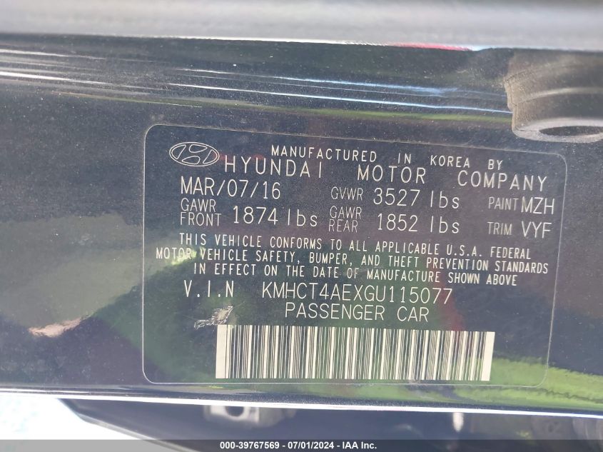 2016 Hyundai Accent Se VIN: KMHCT4AEXGU115077 Lot: 39767569