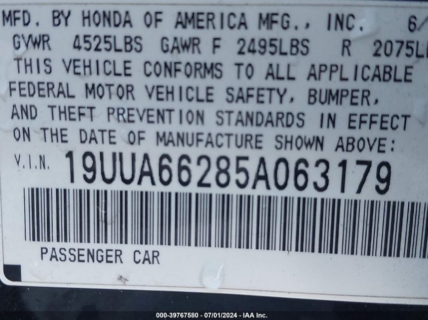 2005 Acura Tl VIN: 19UUA66285A063179 Lot: 39767580