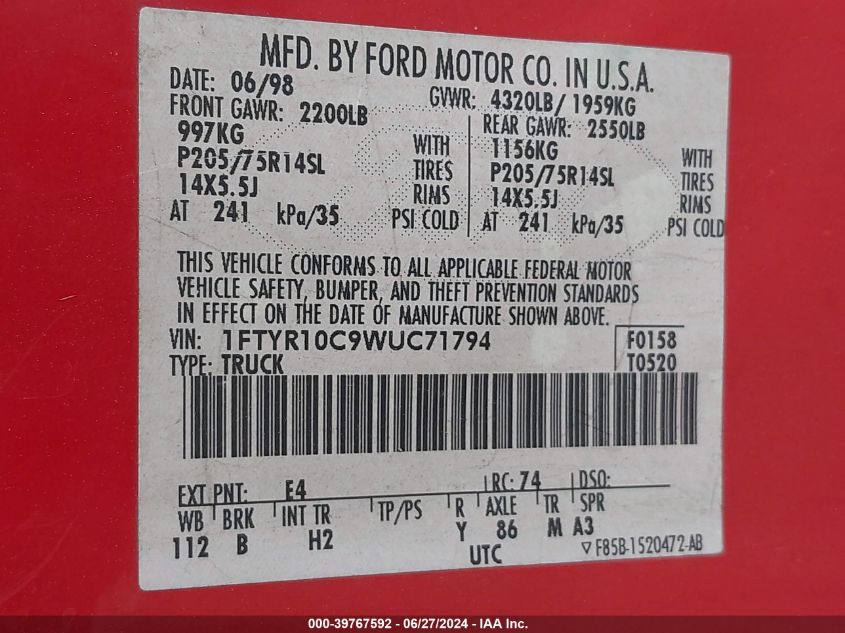 1998 Ford Ranger Splash/Xl/Xlt VIN: 1FTYR10C9WUC71794 Lot: 39767592