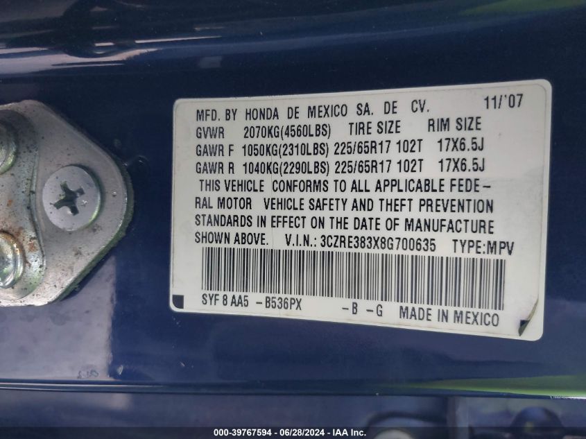 2008 Honda Cr-V Lx VIN: 3CZRE383X8G700635 Lot: 39767594