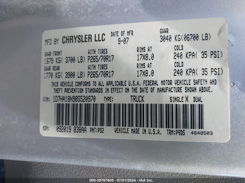 2008 Dodge Ram 1500 St/Sxt VIN: 1D7HA18N98S520970 Lot: 39767605