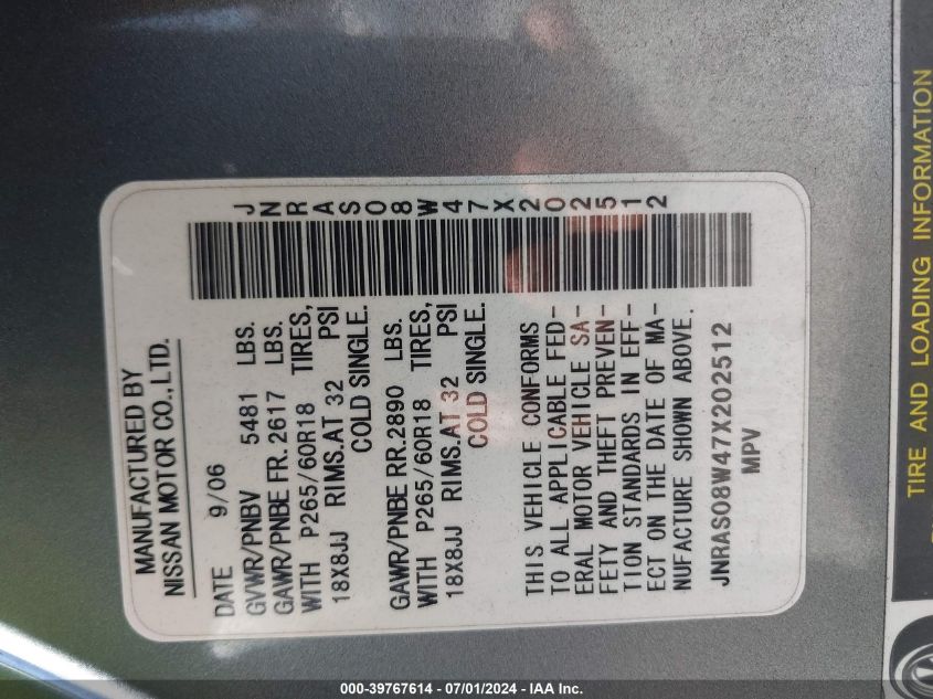 2007 Infiniti Fx35 VIN: JNRAS08W47X202512 Lot: 39767614