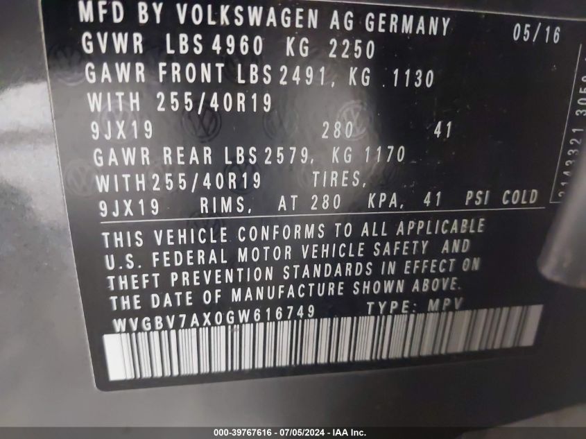 2016 Volkswagen Tiguan Sel VIN: WVGBV7AX0GW616749 Lot: 39767616