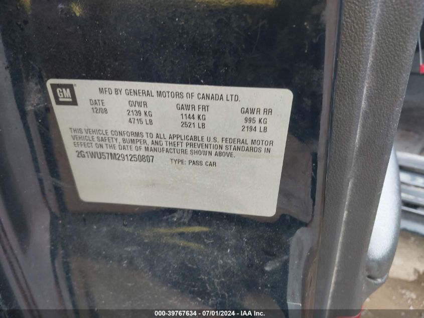 2009 Chevrolet Impala Ltz VIN: 2G1WU57M291250807 Lot: 39767634