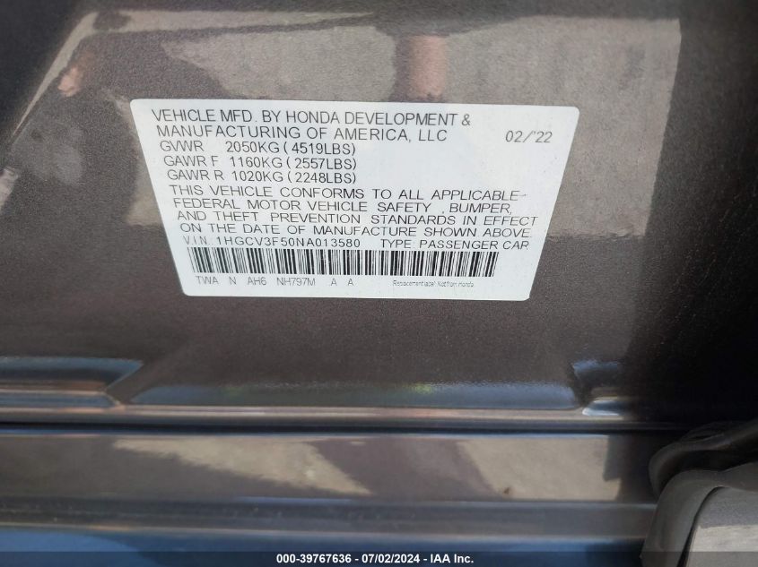 1HGCV3F50NA013580 2022 Honda Accord Hybrid Ex-L