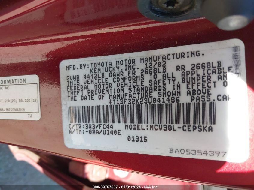 2003 Toyota Camry Se V6 VIN: 4T1BF32K23U041486 Lot: 39767637