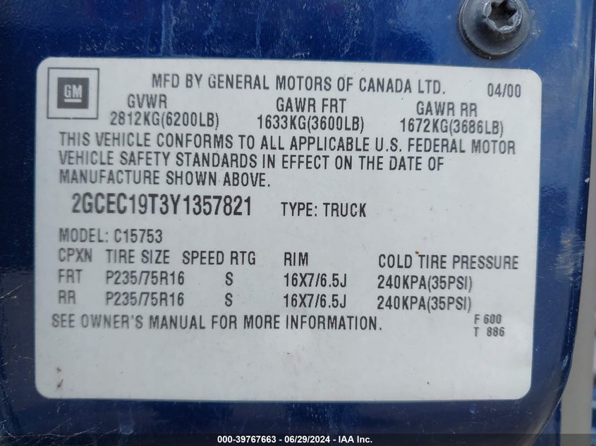 2000 Chevrolet Silverado 1500 Ls VIN: 2GCEC19T3Y1357821 Lot: 39767663