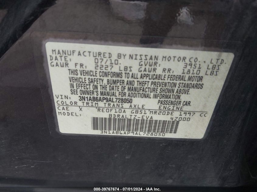 2010 Nissan Sentra 2.0S VIN: 3N1AB6AP9AL728050 Lot: 39767674