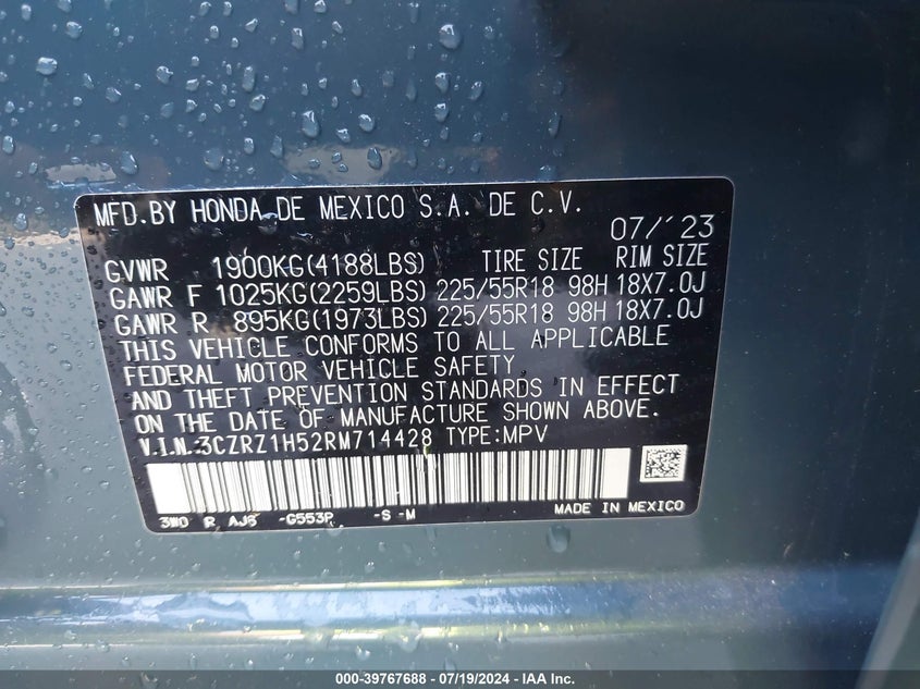 2024 Honda Hr-V 2Wd Sport/2Wd Sport W/O Bsi VIN: 3CZRZ1H52RM714428 Lot: 39767688