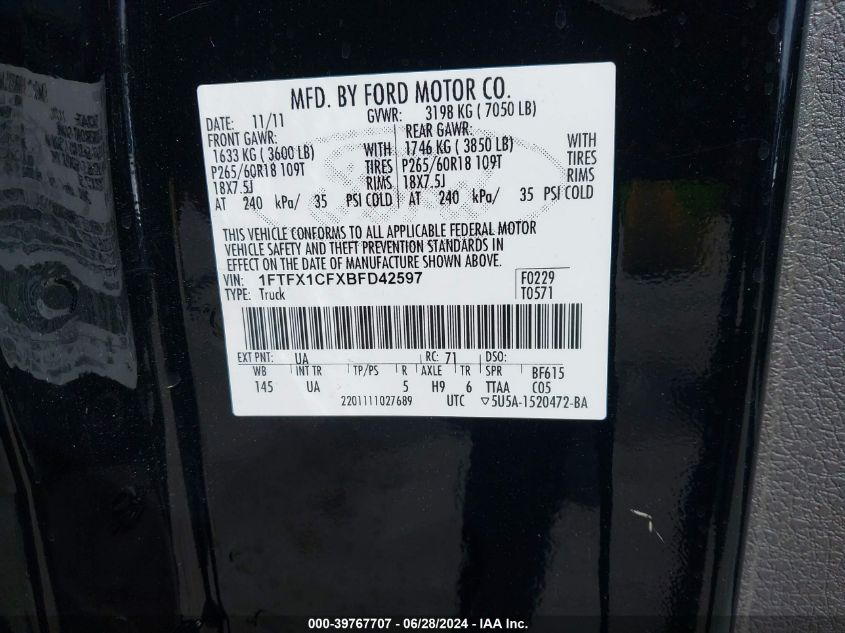 2011 Ford F-150 Xlt VIN: 1FTFX1CFXBFD42597 Lot: 39767707